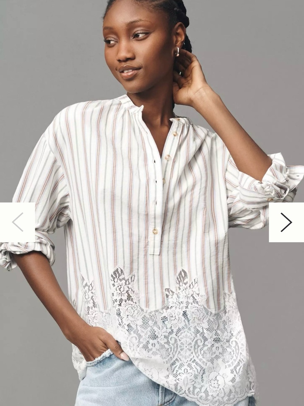 Pilcro Anthropologie Striped Lace-Hem Blouse in White with Pastel Stripes Boho